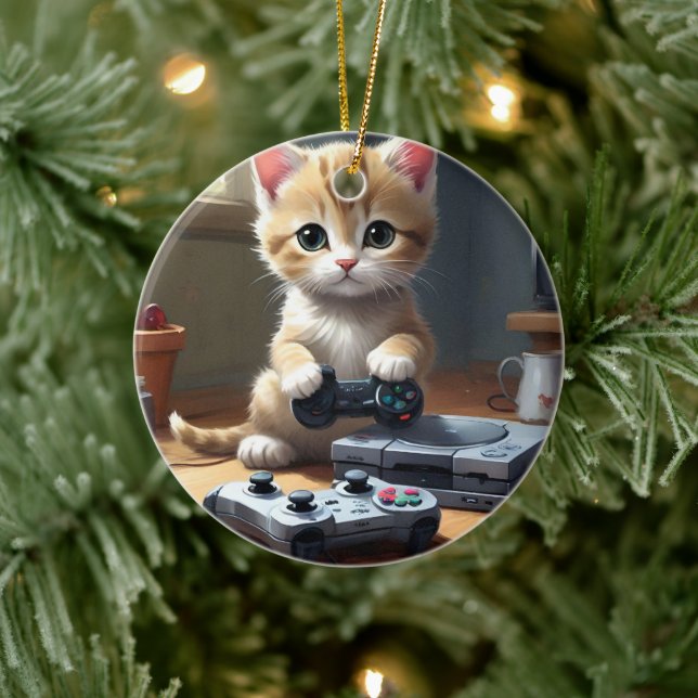 "Pixel Paws: The Gamer Kitten in Action" Keramik Ornament (Baum)