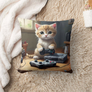 "Pixel Paws: The Gamer Kitten in Action" Kissen