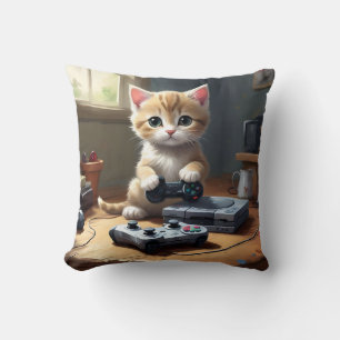 "Pixel Paws: The Gamer Kitten in Action" Kissen