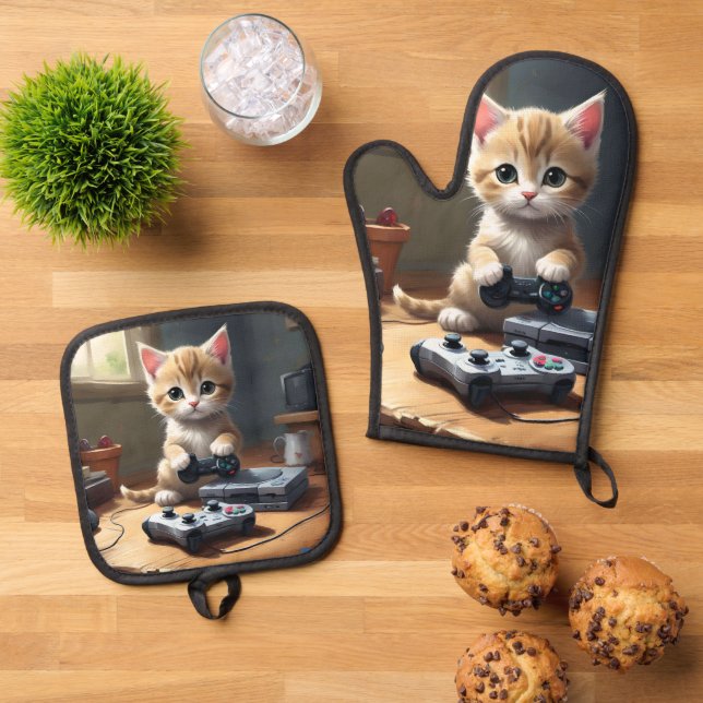 "Pixel Paws: The Gamer Kitten in Action" Ofenhandschuh & Topflappen-Set (Oben Unten)