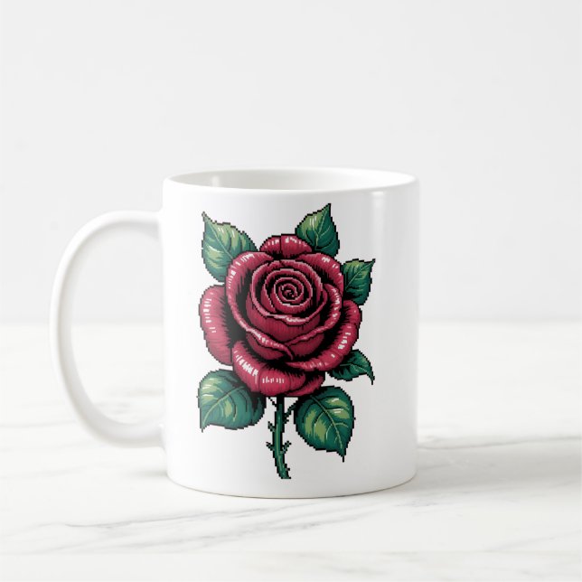 Pixel Rose – Retro Floral Art Kaffeetasse (Links)