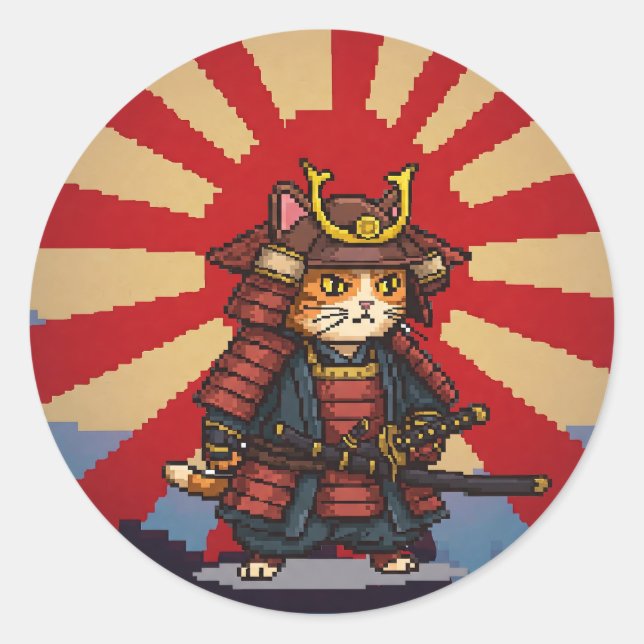 Pixel Samurai Cat Runder Aufkleber (Vorderseite)