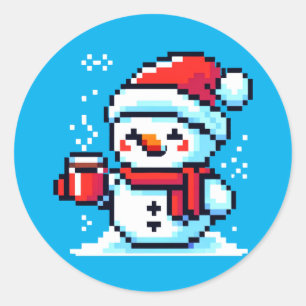Pixel Snowman with Coffee - Art des Winterurlaubs Runder Aufkleber