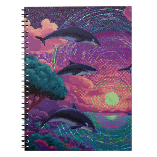 Pixel Sunset Dolphins Cosmic-Vortex-Notebook Notizblock (Vorderseite)