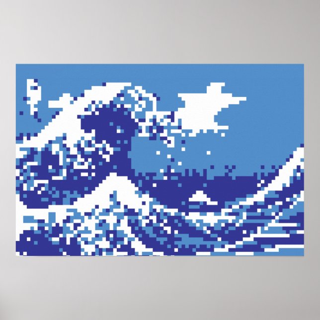 Pixel Tsunami Blau 8 Bit Pixel Art Poster (Vorne)