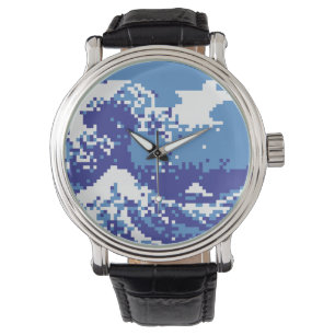 Pixel Tsunami Blue 8 Bit Pixel Art Armbanduhr