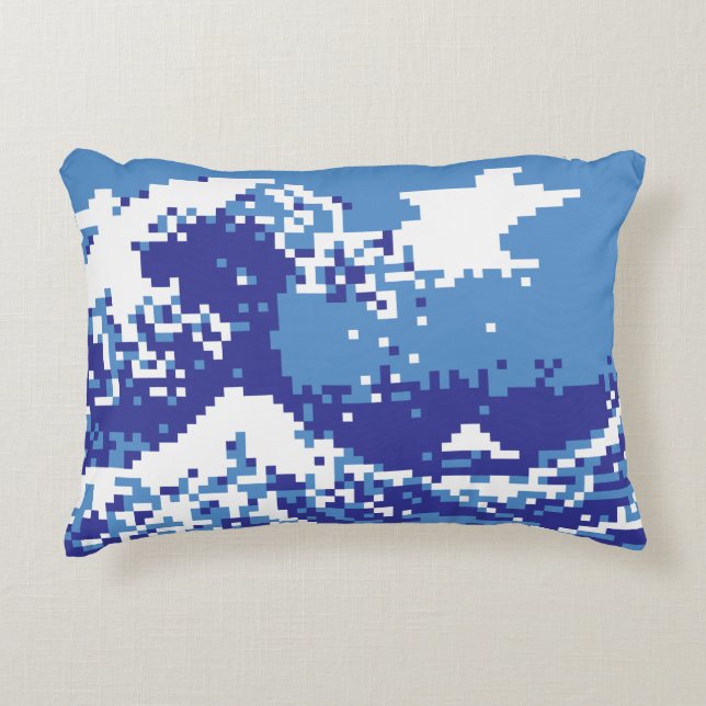 Pixel Tsunami Blue 8 Bit Pixel Art Dekokissen (Vorderseite)