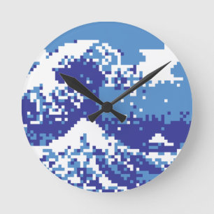 Pixel Tsunami Blue 8 Bit Pixel Art Runde Wanduhr