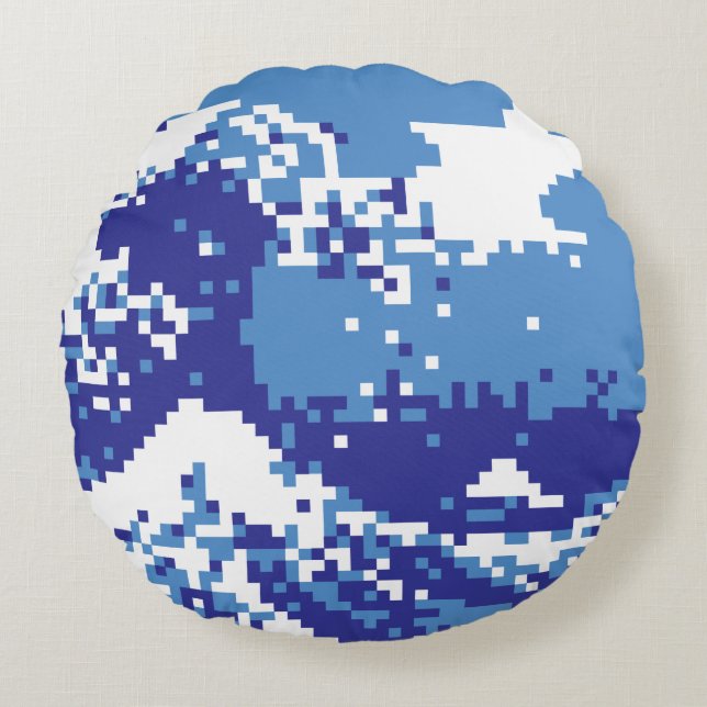 Pixel Tsunami Blue 8 Bit Pixel Art Rundes Kissen (Vorderseite)