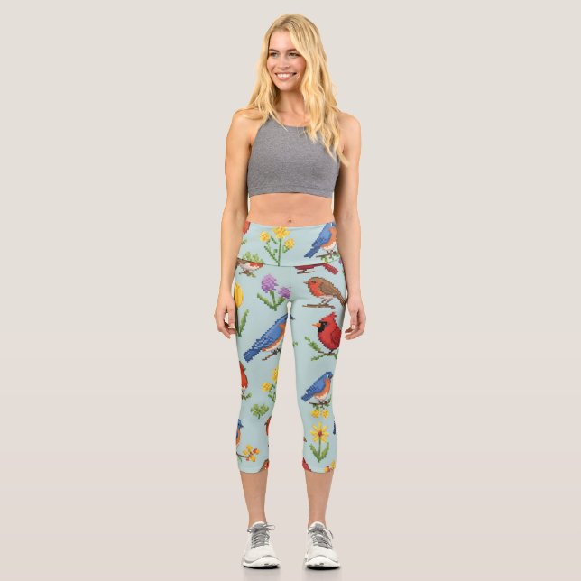 Pixel-Vögel und Blume Capri Leggings (Vorderseite)