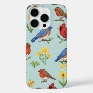 Pixel-Vögel und Blume iPhone 16 Pro Hülle