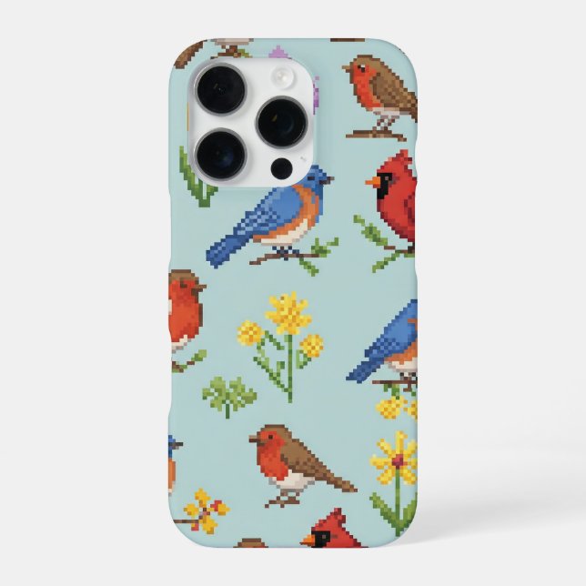 Pixel Vögel und Blumen iPhone Hülle (Rückseite)