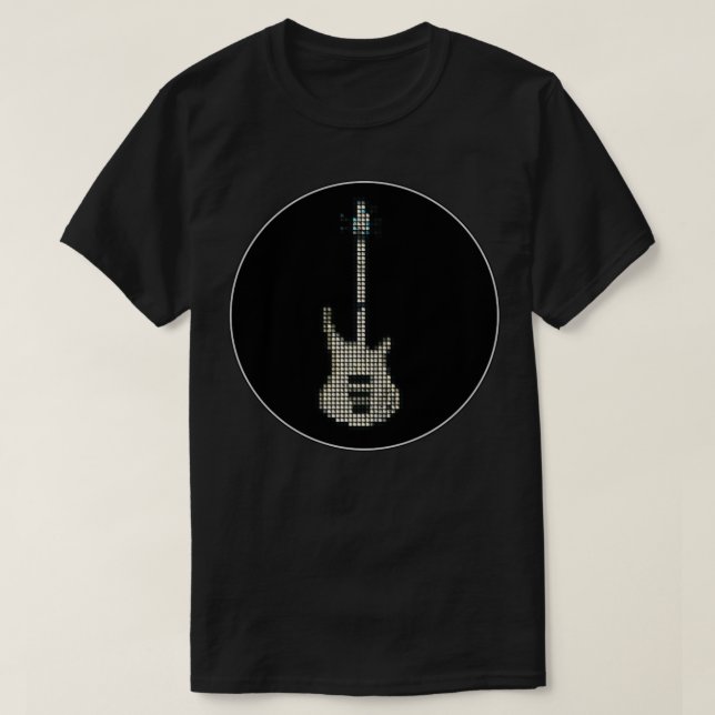 Pixel weiß K5 Bass Gitarre in einem schwarzen Krei T-Shirt (Design vorne)
