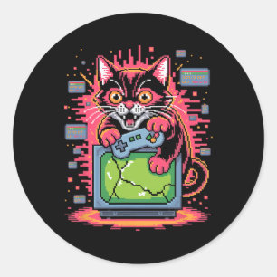 Pixel-Wut-Katze Retro-Gamer-Glitch im 8-Bit-Stil 1 Runder Aufkleber