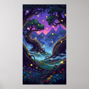 Pixel-Zauberwald mit blinkenden Glühwürmchen Poster