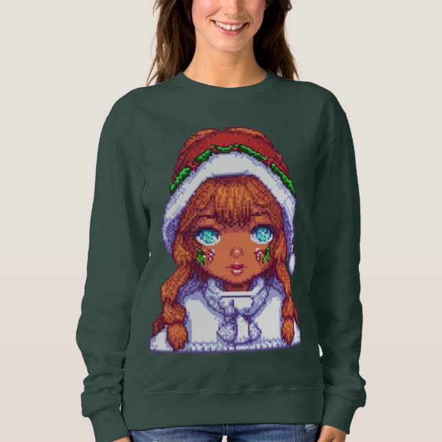 Pixelart-Mädchen mit Weihnachtsmannmütze Sweatshirt (Vorderseite)