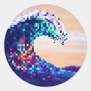 Pixelated Ocean Wave Artwork Runder Aufkleber
