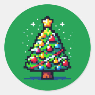 Pixelfestlichkeit: 8-Bit-Weihnachtsbaum-Design Runder Aufkleber