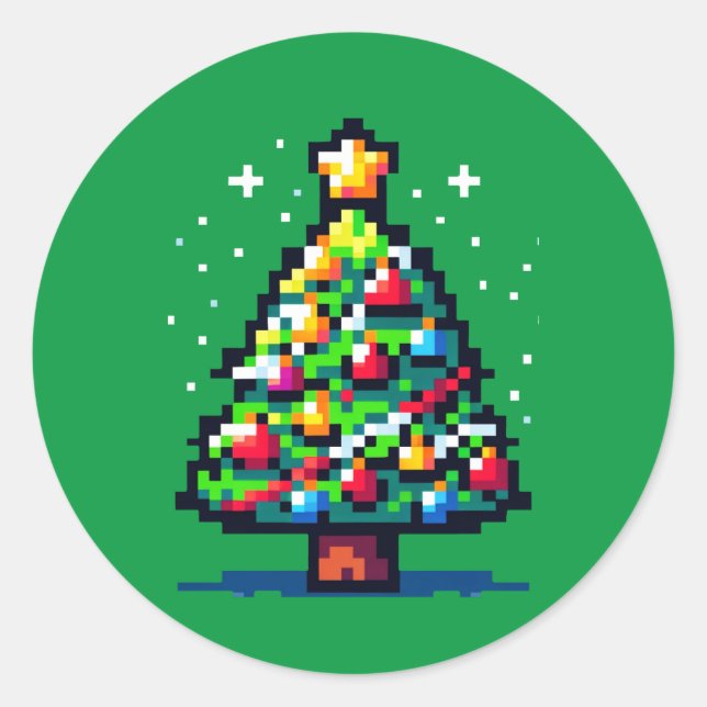 Pixelfestlichkeit: 8-Bit-Weihnachtsbaum-Design Runder Aufkleber (Vorderseite)