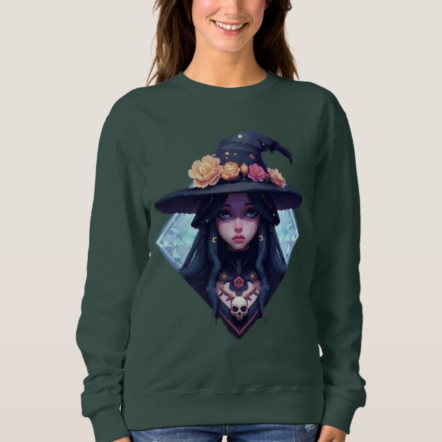 Pixelhexe mit Blumenhut Sweatshirt (Vorderseite)