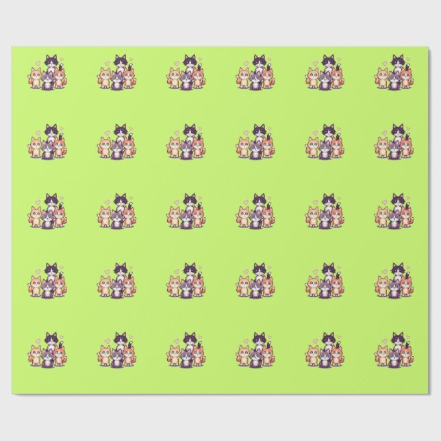 Pixelige farbenfrohe Kätzchen Geschenkpapier (Flach)