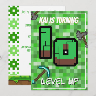 Pixeliger Gamer Grün Level Up 10. Geburtstag Einladung
