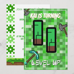Pixeliger Gamer Grün Level Up 11. Geburtstag Einladung
