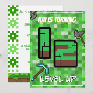 Pixeliger Gamer Grün Level Up 12. Geburtstag Einladung
