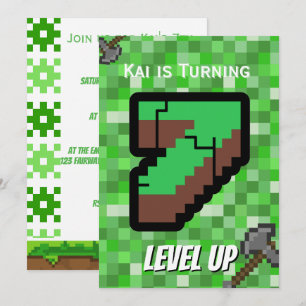Pixeliger Gamer Grün Level Up 7. Geburtstag Einladung