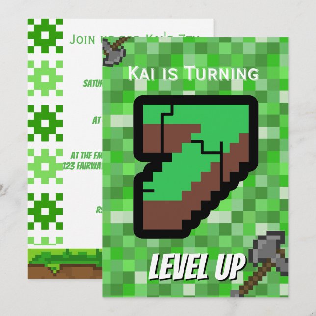 Pixeliger Gamer Grün Level Up 7. Geburtstag Einladung (Vorne/Hinten)