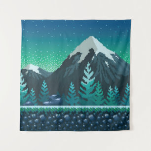 Pixelkunst: Schneeberge Nacht. Wandteppich