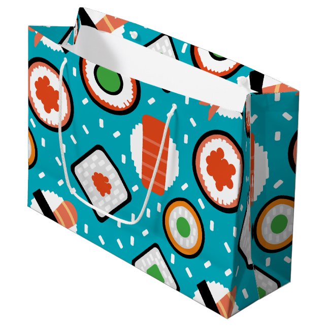 Pixelsushi-Cartoonmuster des niedlichen Spaßes Große Geschenktüte (Vorderseite Schrägansicht)