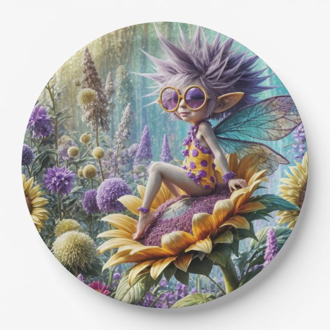 Pixie Fairy auf einer Sonnenblume Pappteller (Vorderseite)