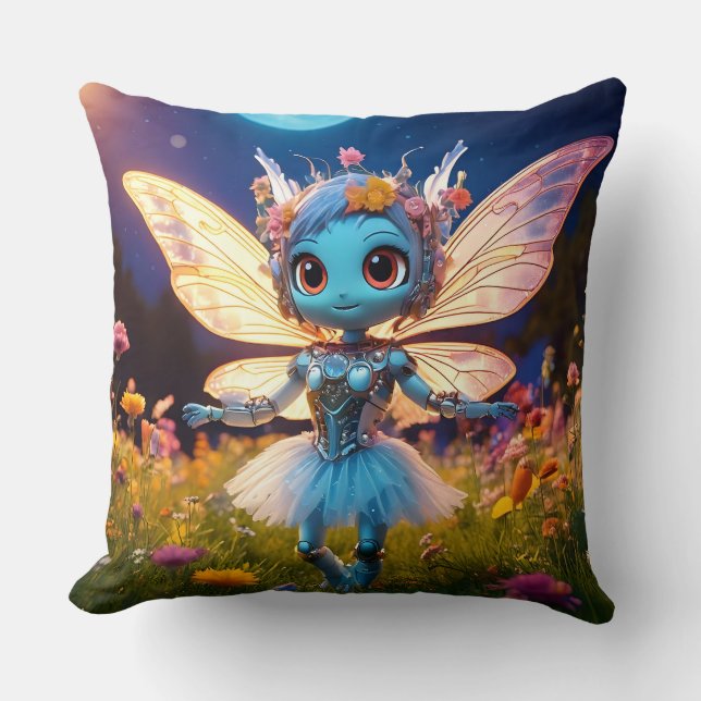 Pixie Robot Ballerina Tanzen in den Wildblumen Kissen (Vorderseite)