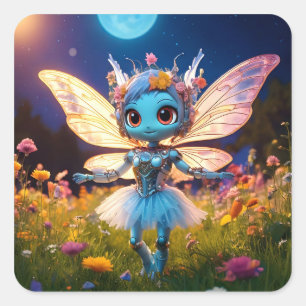 Pixie Robot Ballerina Tanzen in den Wildblumen Quadratischer Aufkleber