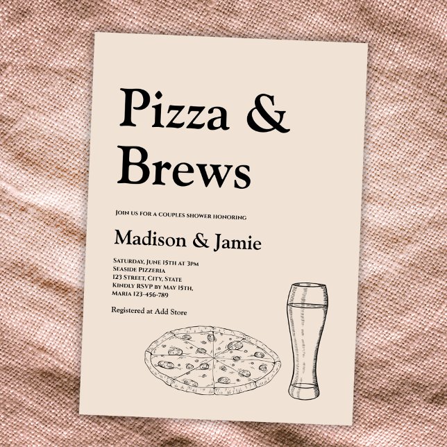 Pizza and Brews Beer Lässige Paare Brautparty Einladung (pizza and brews couples bridal shower invitation pizza and beer minimalist)