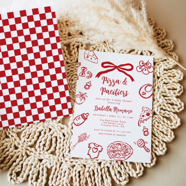Pizza and pacifiers Italian theme Bow Baby Shower Einladung (Von Creator hochgeladen)