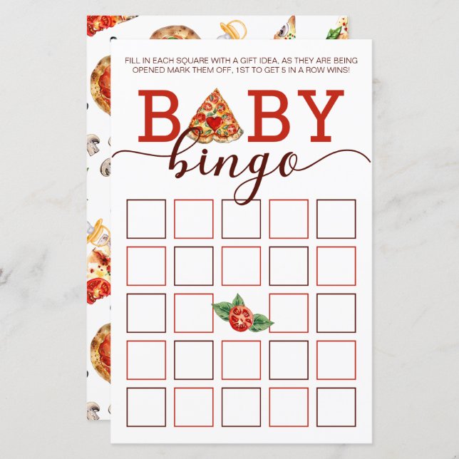 Pizza Baby Dusche Bingo Game Card | Party (Vorne/Hinten)