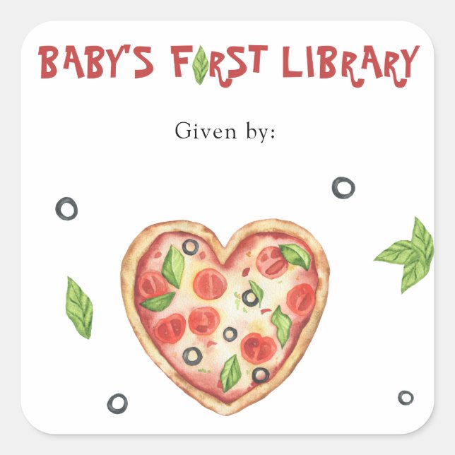 Pizza Baby Shower Buchzeichen - erste Kinderbiblio Quadratischer Aufkleber (Vorderseite)