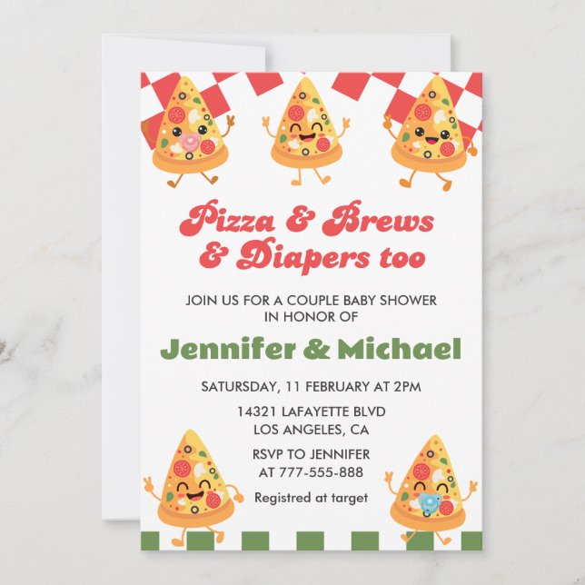 Pizza Baby Shower Einladungen Pizza Beer Diapers (Vorderseite)