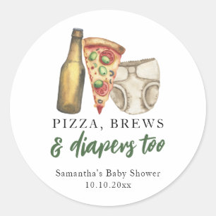 Pizza, Bier und auch Windeln Baby-Party  Runder Aufkleber