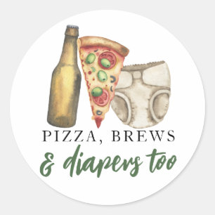 Pizza, Bier und auch Windeln Babyparty  Runder Aufkleber