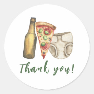 Pizza, Bier und Windeln auch Baby Shower Danke Runder Aufkleber