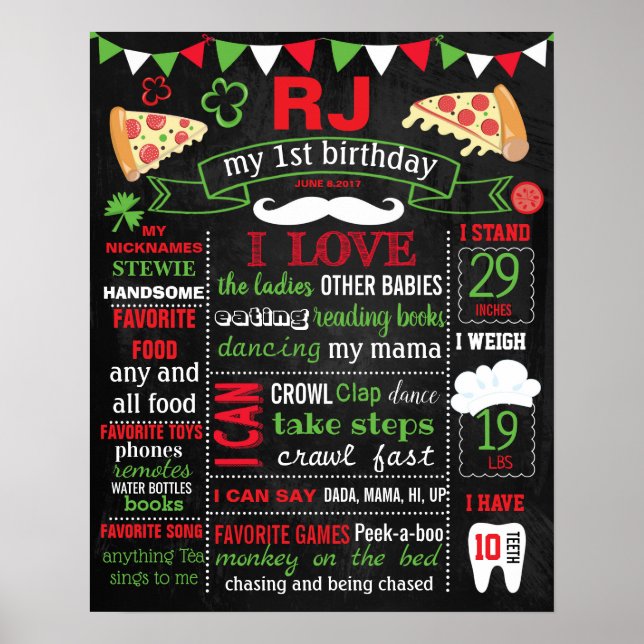 Pizza Birthday Party Chalkboard Poster (Vorne)