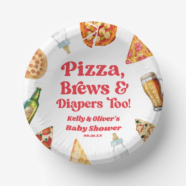 Pizza Brews and Diapers zu Pizza Beer Baby Shower Pappteller (Vorderseite)