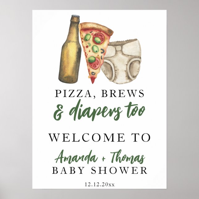 Pizza, Brews und Diapers zu Baby-Dusche Poster (Vorne)
