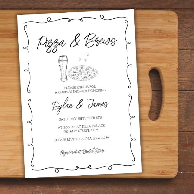 Pizza & Brews Whimsical Hand Drawn Couples Dusche Einladung (Pizza & Brews Whimsical Hand Drawn Couples Shower Invitation)