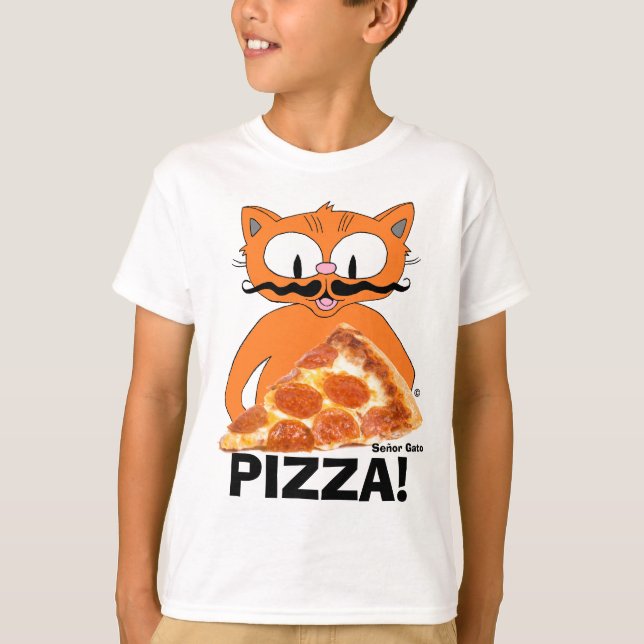PIZZA! Cartoon Mustache Katze mit Pizza Slice T-Shirt (Vorderseite)