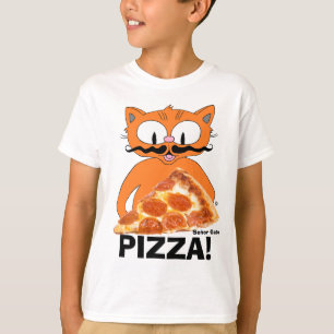 PIZZA! Cartoon Schnurrbart Katze mit Pizzastück T-Shirt