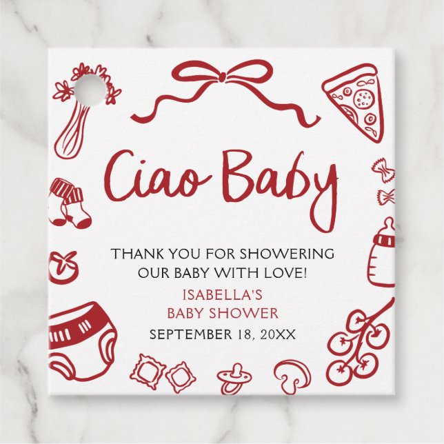 Pizza Ciao Baby Dusche Geschenkanhänger (Vorderseite)